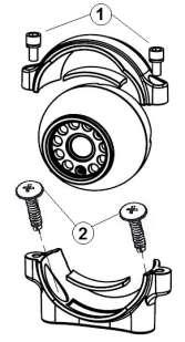2.3. CÂMERA EXTERNA REDONDA 1) Solte os parafusos do suporte (1). 2) Fixe a base utilizando os parafusos (2). 3) Conecte com o chicote principal. 4) Retorne os parafusos (1).