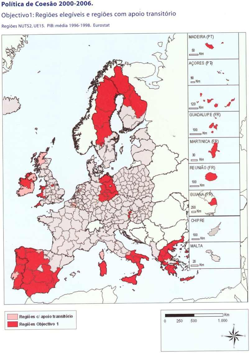 Política de Coesão 2000-2006 Concentração geográfica Regiões abaixo ou perto