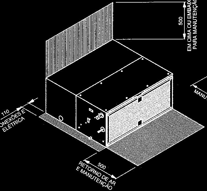 Unidades 40MX 500 ACIMA OU ABAIXO PARA MANUTENÇÃO 110 CONEXÕES E ELÉTRICA 500 RETORNO DE AR E MANUTENÇÃO Dimensões em mm Instalação tipo suspensa (10 a 20TR somente) Para os módulos