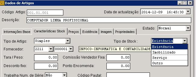 Stcks > Tabelas > Tips Prdut De seguida é necessári verificar se s artigs estã preenchids cm esse tip de prdut.