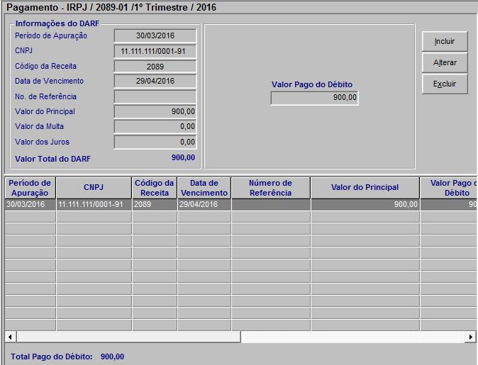 Ficha Pagamento com DARF IRPJ / 2089-01 / 1