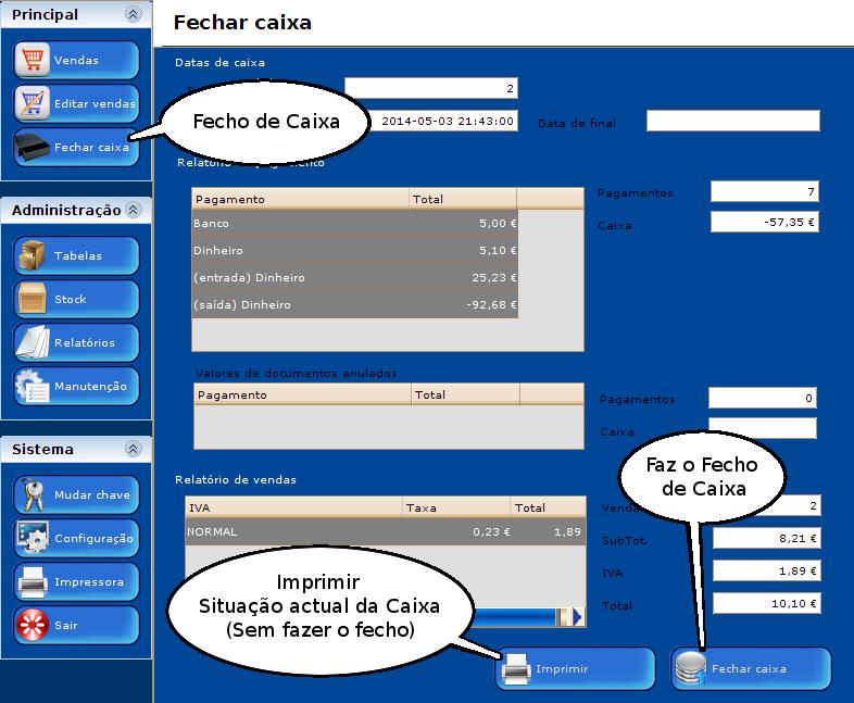 Fecho de Caixa Ir ao Menu Principal/Fechar Caixa, onde aparece o ecrãn: Para Fazer o