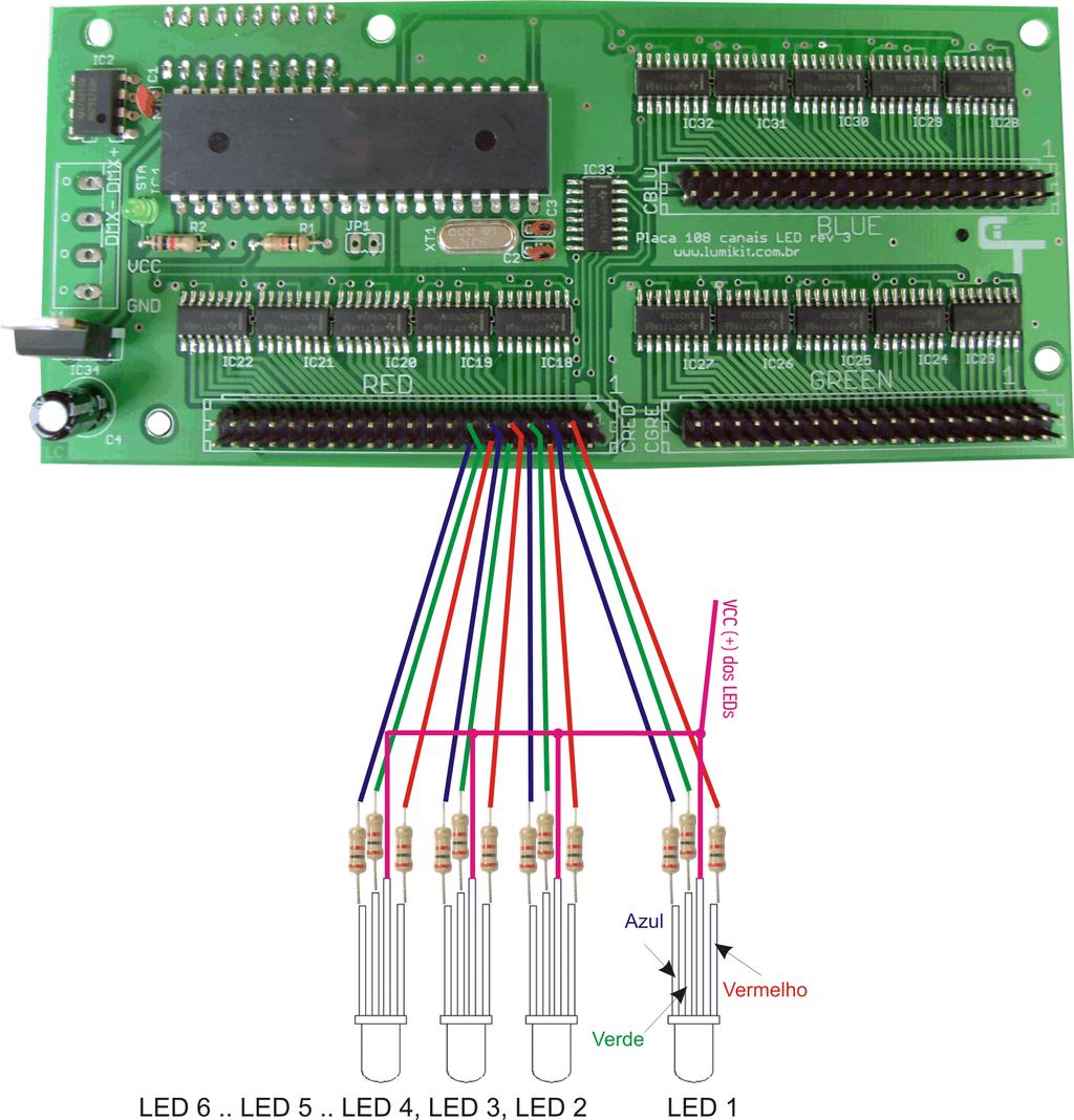 Abaixo a ligação quando o JP1 estiver fechado: os LEDs deverão ser conectados em sequencia RGB, essa é a forma mais simples se forem ligados vários LEDs RGB,