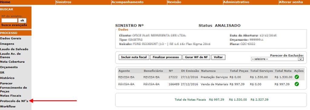 PROTOCOLO DE NOTAS FISCAIS Após finalizar o processo, será gerado um Protocolo de Notas Fiscais.