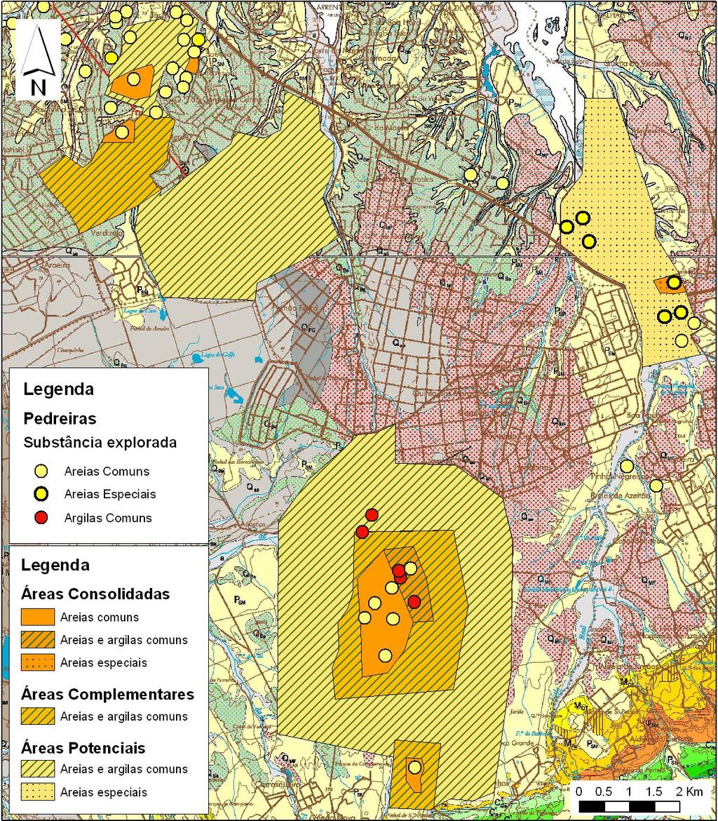 Areias e Argilas Argilas comuns Destino Núcleo ou Área Industrial Vale de Milhaços Construção civil Pinhal do Conde Mesquita Pateira Qta. Sto.