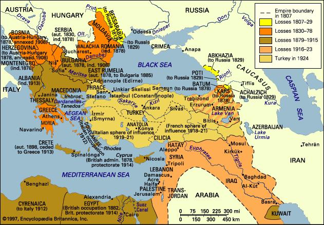 O Império Otomano e as suas províncias árabes até à I Guerra Mundial [MAPA: