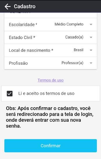 PRIMEIRO ACESSO Campos destacados com * são de preenchimento obrigatório: Nome do usuário, Criar senha, Confirmar Senha, CPF, Data de