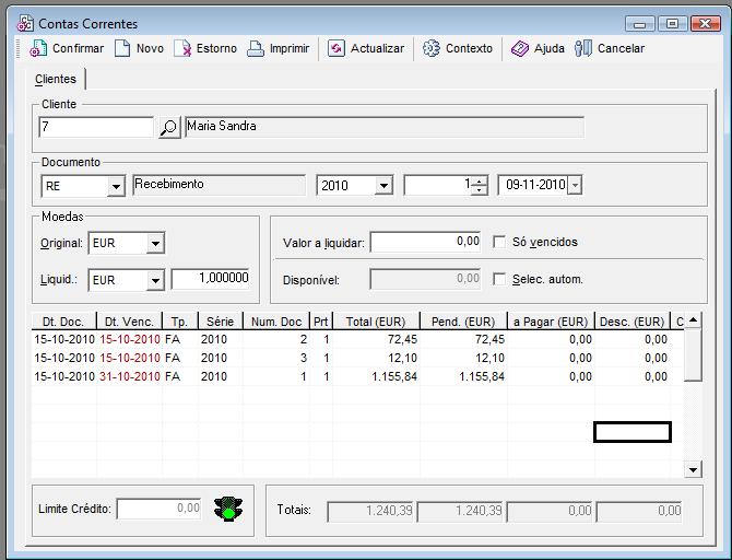 Contas Correntes Através no menu de operações sobre Contas/Correntes efectua-se a introdução do número do cliente e surgem os respectivos dados. Na janela seguinte está um exemplo de Contas/Correntes.