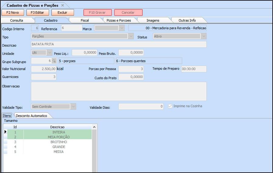 Tipo: Classifique seu produto entre os tipos de Pizza ou Porções. Descrição: Nome do produto. Grupo/Subgrupo: Utilizado para classificação dos produtos.