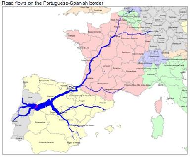 A análise dos fluxos rodoviários igualmente dividem-se em dois grandes eixos (norte em direcção a França via Vilar Formoso e sul via Caia Marid