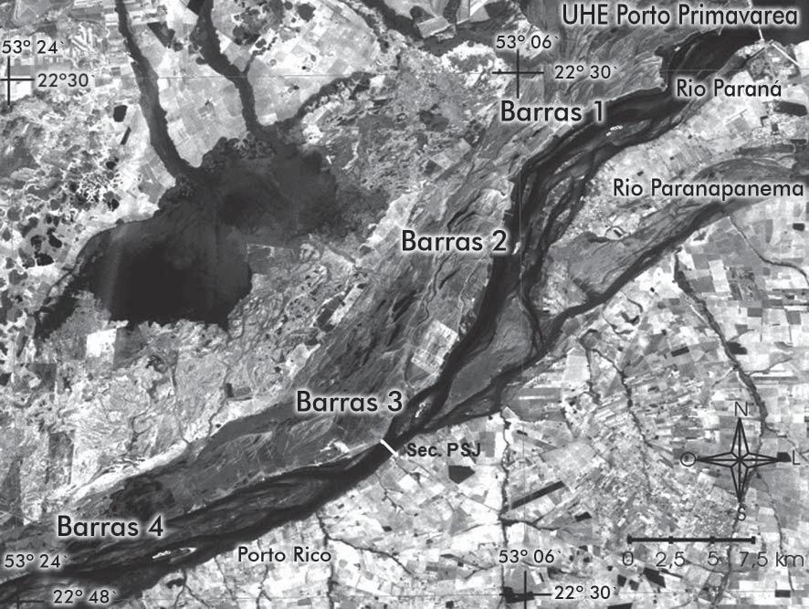 Avaliação da Velocidade de Deslocamento de Barras Fluviais do Rio Paraná por Meio de Imagens CBERS/CCD Figura 1 - Localização das barras estudadas e da seção de Porto São José (Sec.PSJ).