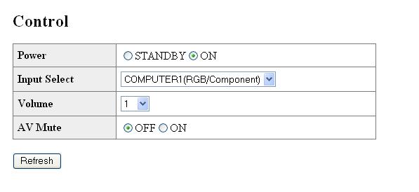 Controle do Projetor através da LAN Confirmação do Estado do Projetor (Status) Controle do Projetor (Control) Nesta tela, você pode realizar o controle do projetor.