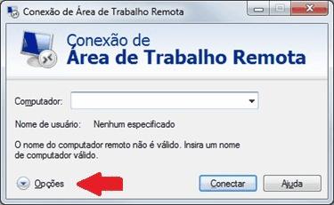 1º Passo - Acessar conexão da Área de Trabalho Remoto do Windows, clicar no botão Opções indicado na figura 1.