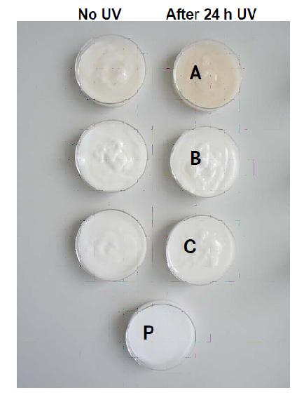 0,5% SymWhite 377 B: 0,5% SymWhite 377 + 0,5% Neo Heliopan BB