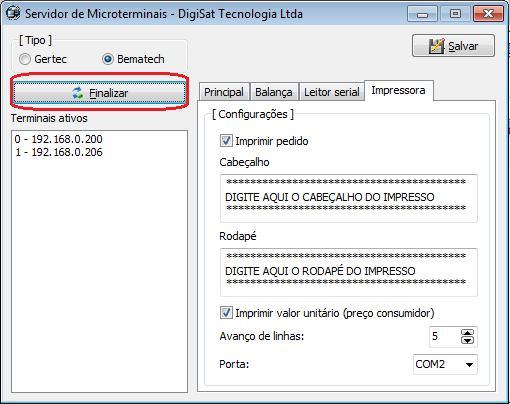 Logo que ativado, o gerenciador MTDigiSat já identifica os microterminais ativos na rede, listando-os em Terminais ativos. Caso deseje finalizar o gerenciador, basta clicar no botão Finalizar.