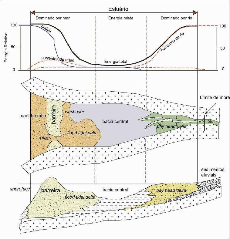 1) Zona externa: É uma zona de alta energia, dominada pela influência das ondas e / ou correntes de maré; 2) Zona central: É uma zona de baixa energia, onde a energia marinha (geralmente correntes de