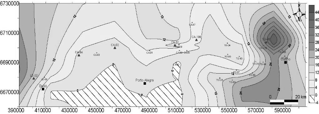 Trato de sistema de mar baixo 2 (TSMB2) O TSMB2 em todas as áreas analisadas é representado por um sistema progragadante flúvio-deltaico.