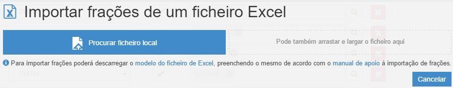 ficheiro em formato Excel preenchido, em alternativa à introdução manual. Essa operação pode ser efetuada a partir do separador Frações do assistente de criação do condomínio.