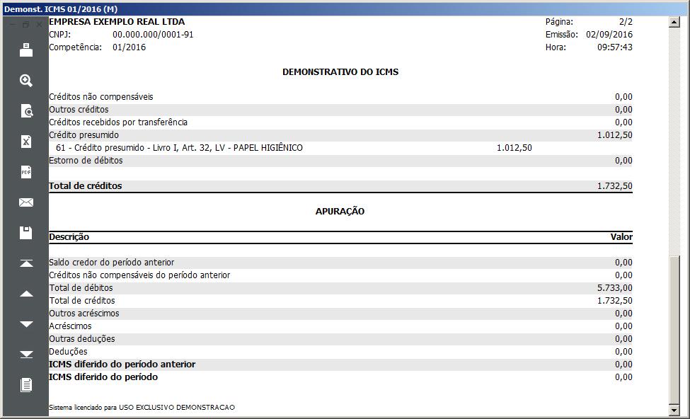 2.1.3.2. Acompanhamento 2.1.3.2.1. Demonstrativo Crédito Presumido ICMS No menu Relatórios, submenu Acompanhamentos opção Demonstrativo Crédito Presumido ICMS no quadro Modelo, no campo Crédito