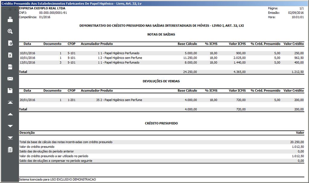32, LV-PAPEL HIGIENICO - 01/01/2012, para emitir o demonstrativo