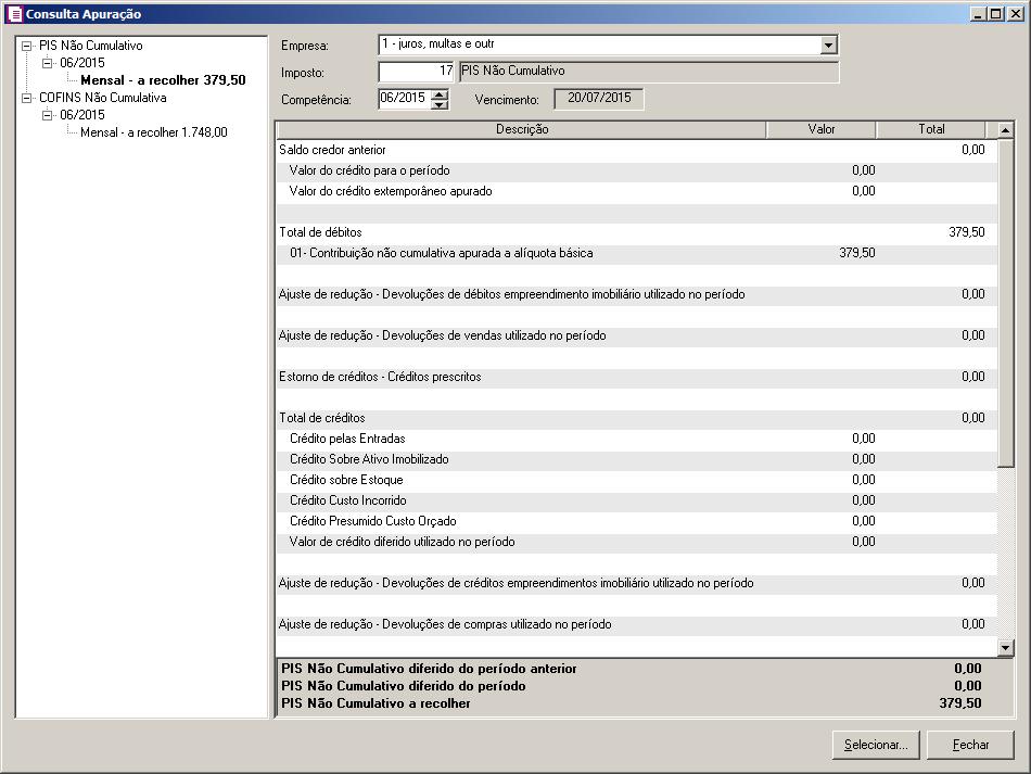 O valor da base de cálculo 250,00 (150,00 + 100,00) do documento nº 1 ficará guardado na data de pagamento da parcela 10/06/2015 e gerado para o CST 06 O valor da base de cálculo 10,00 do documento