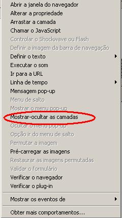 fig. 10 Na lista de itens que vai aparecer, desça a barra de rolagem até aparecer a palavra Menu3Sub1, clique neste item e clique no botão Mostrar, faça o mesmo com as camadas Menu3Sub2, Menu3Sub3, e