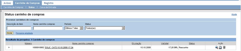 Status do Carrinho de Compras Criação de Carrinho de Compras SRM 5.0 1.