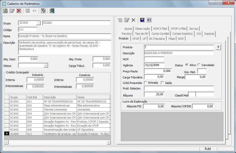 Para inclusão clicar no botão Incluir Novo Registro do quadro direito da tela, preencher os campos Produto, Vigência e Alíquota (neste caso 25 será o percentual utilizado para cálculo da Gasolina