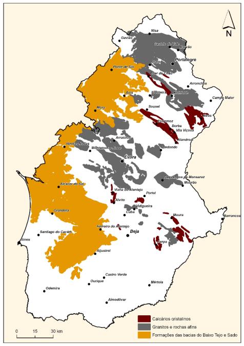 Indústria Extractiva Distribuição das rochas potencialmente exploráveis Mármore Granito Areias Calcário eixo de Estremoz, Borba e