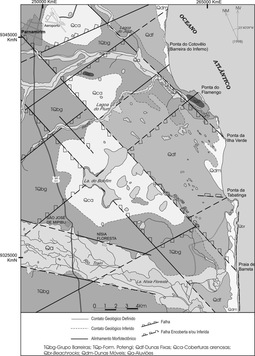 levantamentos restritos ao contorno da bacia do Rio Pirangi, evidenciaram uma complexa estruturação na área, caracterizada nas direções gerais NW-SE, NE-SW e E-W.