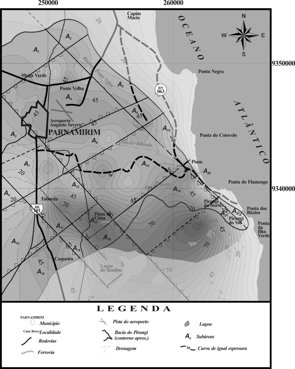 Figura 3 Mapa de espessura do Aqüífero Barreiras no setor oriental da bacia do Rio Pirangi, com o esboço