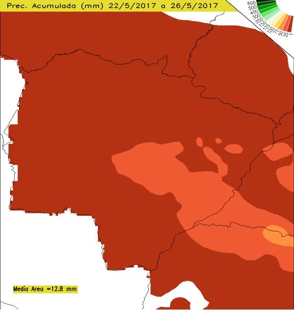 Precipitação Pluviométrica Acumulada para o Mato Grosso do Sul Entre os dias de 22 a 26 de maio de 2017, verifica-se, na figura 1, que ocorreram precipitações, em todo estado, variando de 1 mm a 75