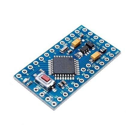 Arduino Pro Mini ATmega168 que, dependendo da versão da placa, roda à 8 MHz (placa versão 3.3 V) ou 16 MHz (placa versão 5 V).