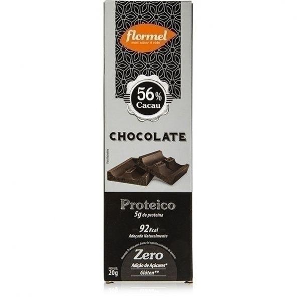 Chocolate 56% sem Açúcar,Proteico Flormel Para quem procura benefícios além do cacau, este chocolate é uma ótima pedida, pois combina 56% cacau com whey protein isolado, oferecendo alto teor de
