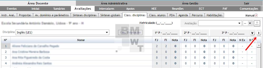 Abre-se uma nova janela com as disciplinas da turma. O DT pode optar por importar todas. Depois é necessário gravar, clicando no respetivo ícone.