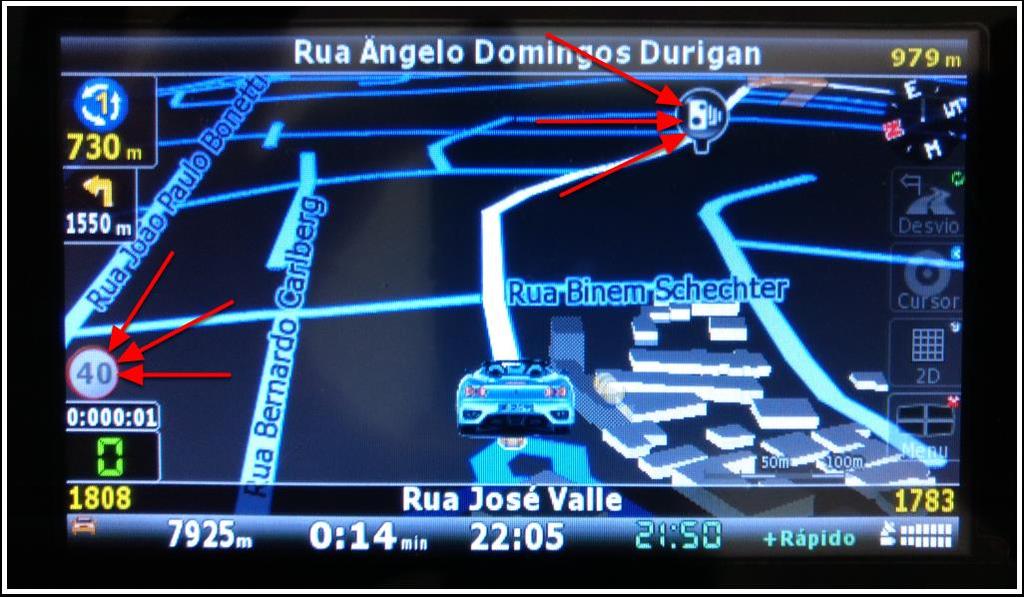 Os alertas sonoros e visuais Na tela de exemplo abaixo você consegue ver que a medida que você dirige, o Caça-Pardal já identifica na via (mesmo estando longe) o radar e já mostra um alerta visual.