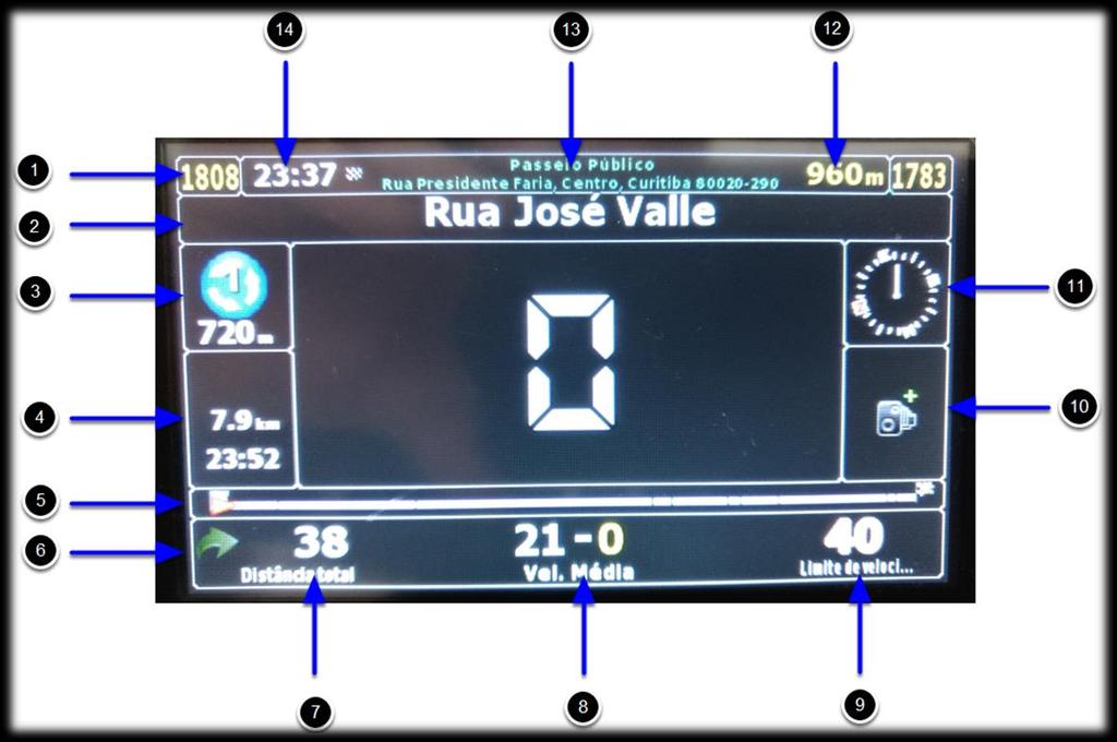 Informações da tela do Computador de Bordo Veja abaixo cada item e suas descrições: 1. Diferença em metros da posição real do veículo. 2. Rua atual em que se encontra o veículo. 3.