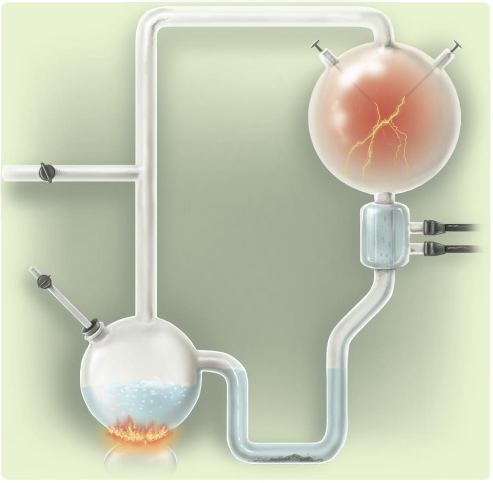 Vapor de água Descargas elétricas Mistura de gases Arrefecimento Condensação