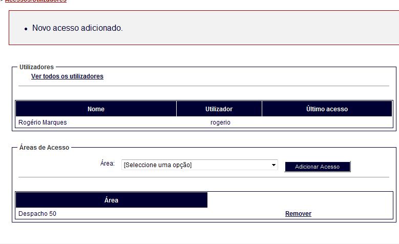 Figura 10 Listagem das áreas de acesso de um utilizador Para criar mais áreas de acesso procede-se de forma semelhante.