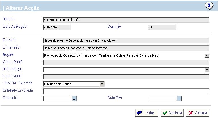 Na operação Registar Acção, o utilizador para efectuar o registo terá que preencher os campos obrigatórios (sinalizados a bold) e os