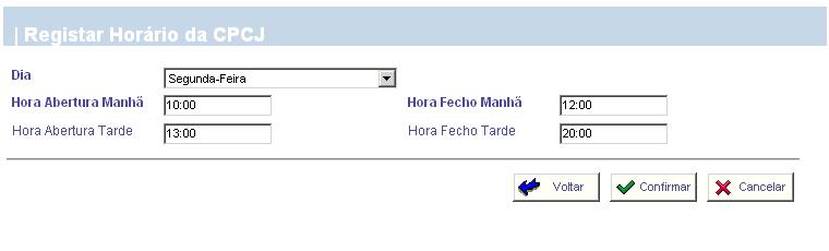 Na operação Registar Horário, o utilizador para efectuar o registo terá que preencher os campos obrigatórios (sinalizados a bold) e os