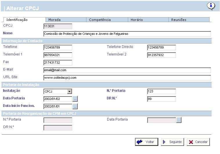 O separador Identificação da operação Alterar CPCJ, permite ao utilizador corrigir e actualizar toda a informação referente