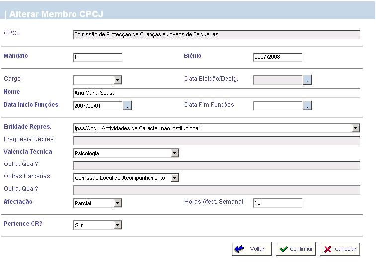 A operação Alterar Membro da CPCJ, permite ao utilizador corrigir e actualizar a informação referente ao Registo do Membro da
