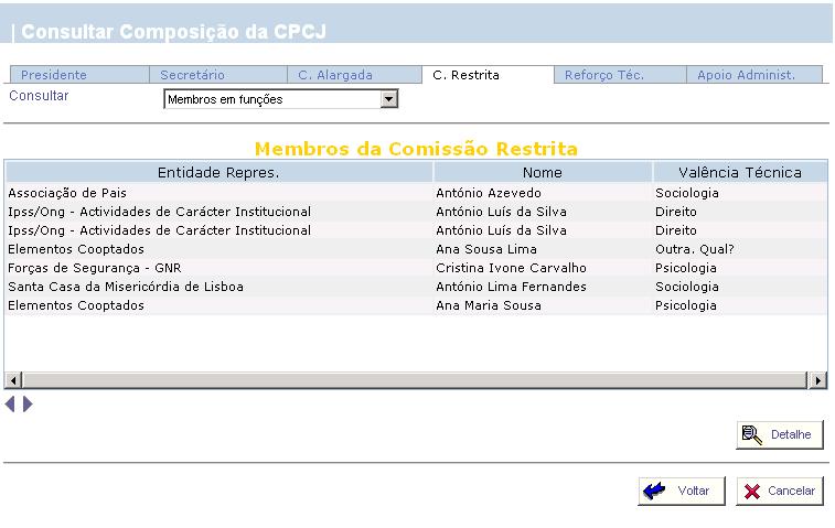 Neste ecrã é apresentado ao utilizador o conjunto de membros que fazem parte da Comissão Restrita.