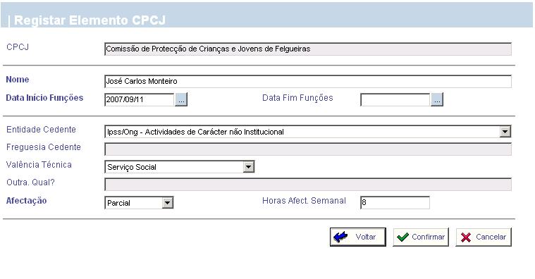 O utilizador ao pressionar na pasta Reforço Administrativo, o sistema apresenta o ecrã Consultar Composição da CPCJ Reforço Técnico. 3.5.