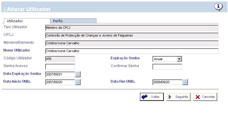 O separador Utilizador da operação Alterar Utilizador, permite ao utilizador corrigir e actualizar toda a informação