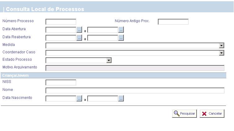 3.1.2 Consulta Local de Processos Dependendo da informação de que disponha, o utilizador pode optar por efectuar a consulta através do preenchimento opcional de vários campos: