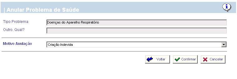 Este ecrã permite ao utilizador visualizar um conjunto de Tipos de Problemas de Saúde referentes ao processo que foi seleccionado.