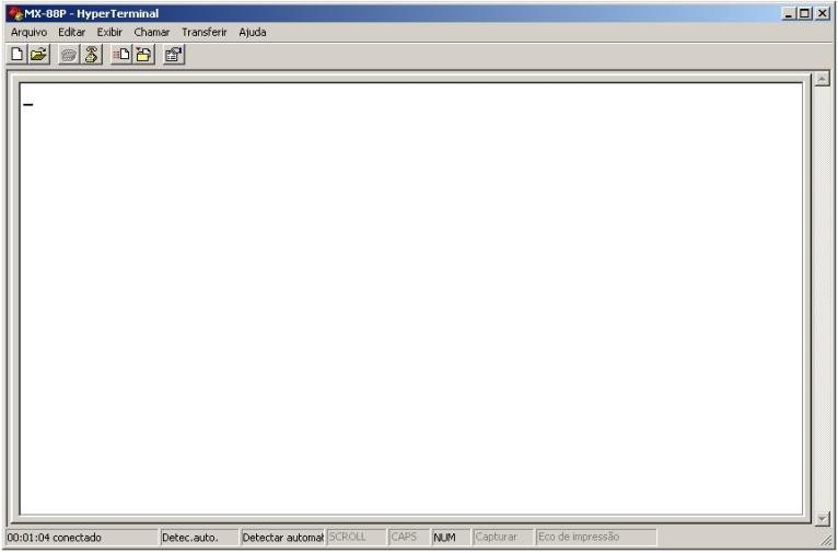 Interface Serial RS-232 - Utilizando o Hyper Terminal d) Configure a taxa para 9600, bit de dados em 8, paridade nenhum, bit de parada em 1 e controle de fluxo em nenhum. e) clique no botão OK.