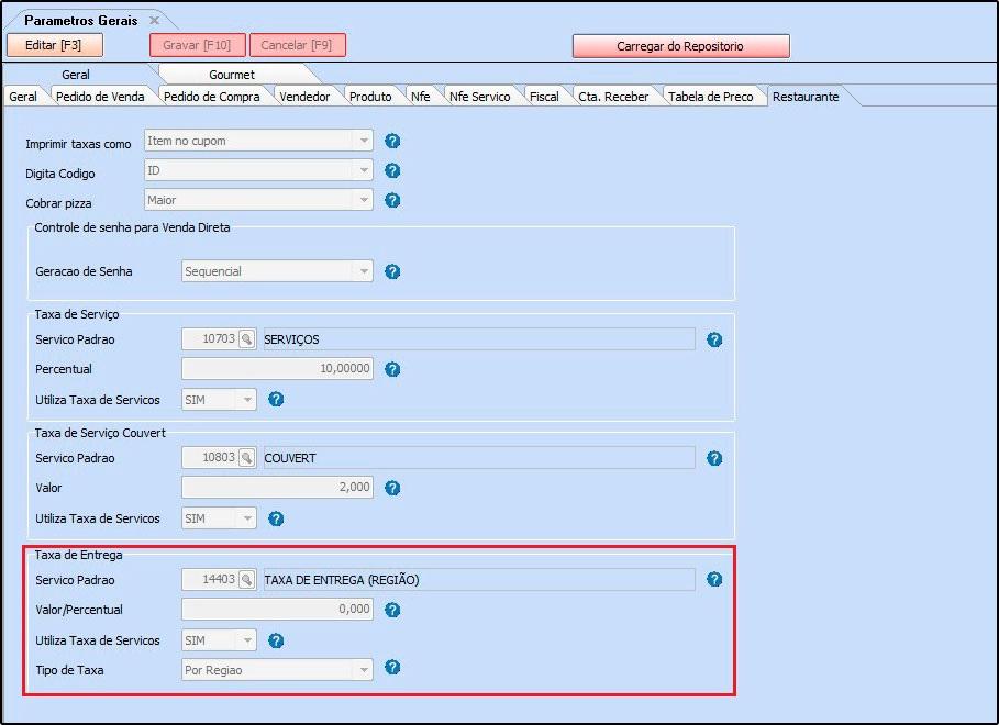 Como Trabalhar com Região de Entrega no Gourmet? FAQ24 Através do sistema Gourmet Server é possível configurar o valor da taxa de entrega de acordo com a região do determinado cliente.